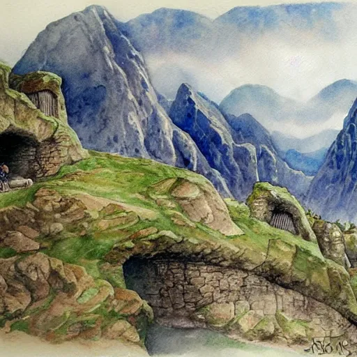 Prompt: middle earth landscapes by j. r. r. tolkien, watercolor,