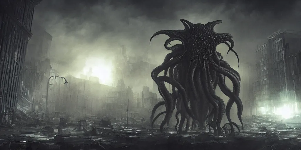 Image similar to cthulhu destroying a post apocalyptic city, dark, trending on artstation, digital art, fog, sun flare