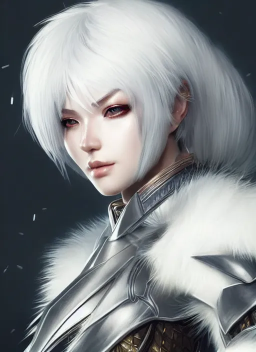 Prompt: fur - lined armor!!! beautiful and elegant white haired female!! gorgeous ayes!! character concept art, sharp focus, octane render! unreal engine 5! highly rendered!! trending on artstation!! detailed linework!! illustration by artgerm, wlop, and chie yoshii