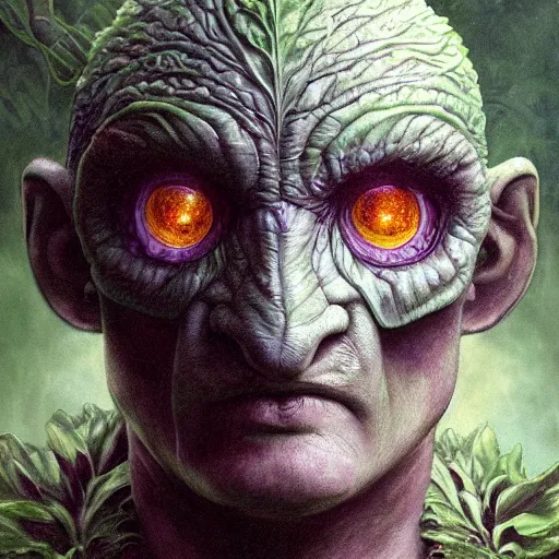 Prompt: male cabbage humanoid monster, sci fi, glowing eyes, volumetric lights, plant theme, art nouveau botanicals, intricate, highly detailed, digital painting, artstation, concept art, smooth, sharp focus, cinematic, illustration, beautiful face, art by h. r. giger and greg rutkowski and alphonse mucha, kentaro miura