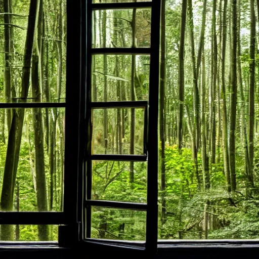 Prompt: window, looking at forest