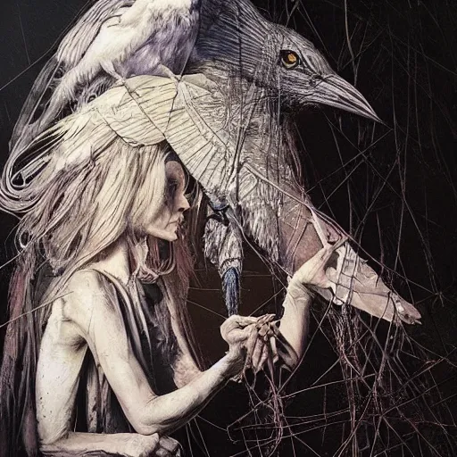 Image similar to artemixel, white crow bringing rabbit leg to a occult witch by android jones and m. c. escher collaboration, futurist, digital art, dramatic lighting by nicola samori and jeffrey smith, oil on canvas