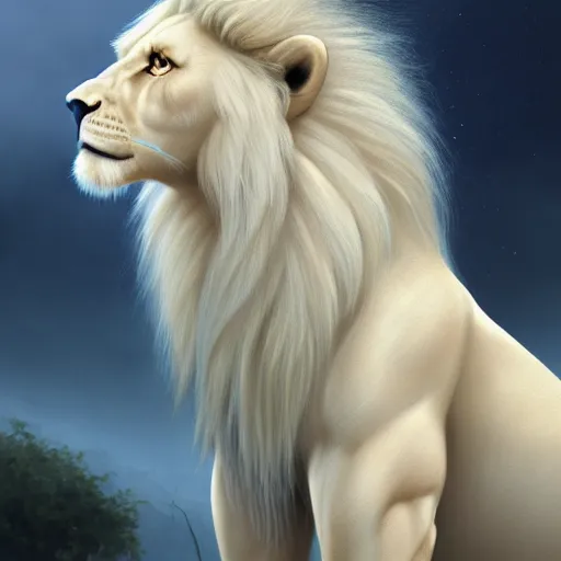 Prompt: a beautfiul aesthetic commission portrait of a anthro albino lion looking at the sky worried,attractive beautiful face,detailes face,expression,natural lighting,fantasy art,deviantart,artstation,character design by charles bowater,ross tran,greg rutkowski,4k,photorealistic