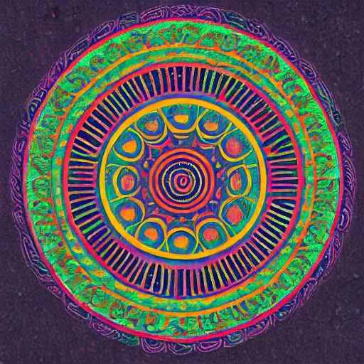 Prompt: nazca design, mandala, colored sand