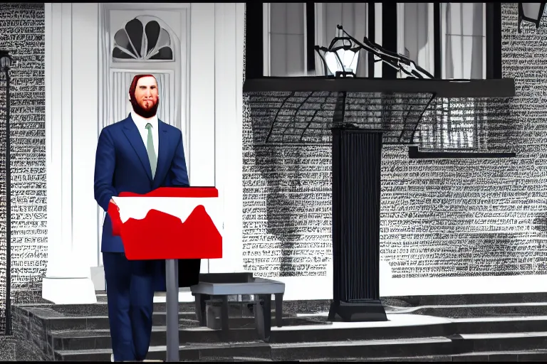 Image similar to giga chad in a suit giving a speech as prime minister, photorealistic, 8 k, 1 0 downing street background