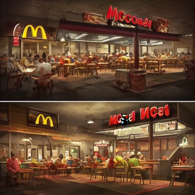 Prompt: a mcdonald's restaurant in hell trending on artstation deviantart pinterest detailed realistic hd 8 k high resolution