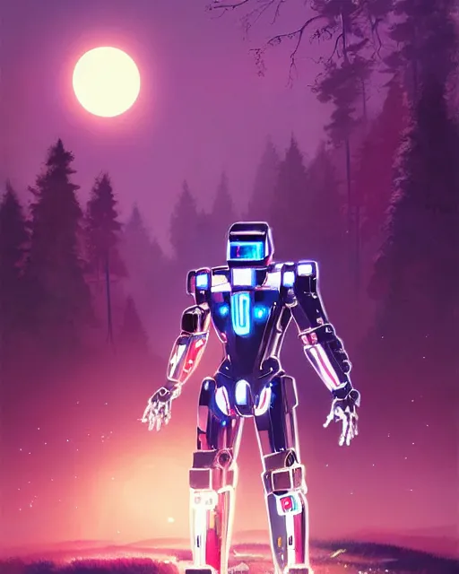 Image similar to professional painting of chrome mechsuits covered in reflective armor, beautiful moonlight, tron aesthetic, many glowing lights, beautiful forests and trees, art by Jason Chan and darek zabrocki and John Park and Feng Zhu, trending on artstation, masterpiece.