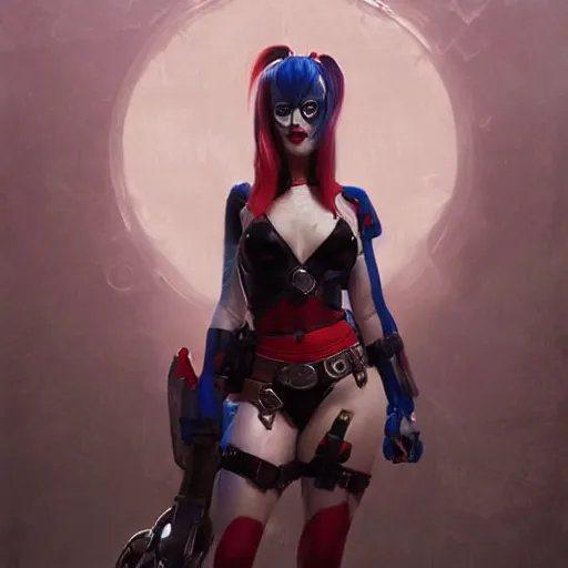 Image similar to portrait of Harley Quinn in bikini armor, dc comics, cyberpunk, Warhammer 40000, dark fantasy, digital art from artstation by Ruan Jia and Mandy Jurgens and Artgerm and william-adolphe bouguereau
