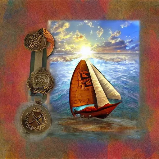 Prompt: magic list, medal, badge, medal, metal, sail, set sail, take off, digital art, impasto, rendering, technology, sunlight