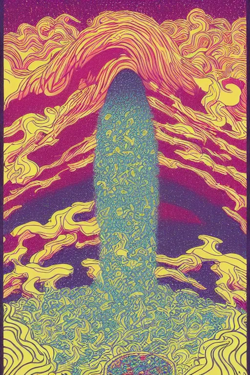 Image similar to a tab of LSD acid melting into a surreal psychedelic hallucination, risograph by kawase hasui, moebius and dan hillier, risograph, colorful flat design, hd, 8k, artstation