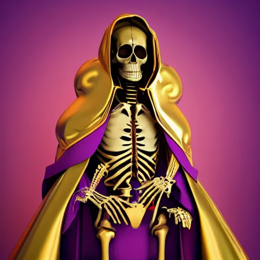 Prompt: a skeleton in a purple robe, golden magical shoulder pads, in a hood, a red magic sphere in his chest, he stands next to a golden throne, realism, game quality, 3d render, proportions