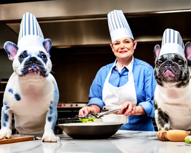 Image similar to a 8k highly detailed still photo by David Bailey of Two blue merle French Bulldogs in chef hats and aprons starring on a cooking show, a high end kitchen in the background