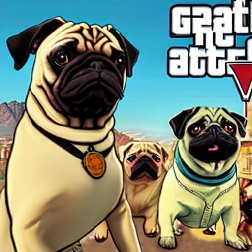 Prompt: pugs on the gta v cover