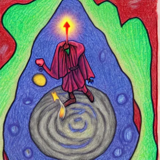 Image similar to Colored Pencil Drawing of a Panicked Terrified Wizard Levitating Through a Dim Cavern and Firing Bright Orbs and Beams of Magic from His Wand