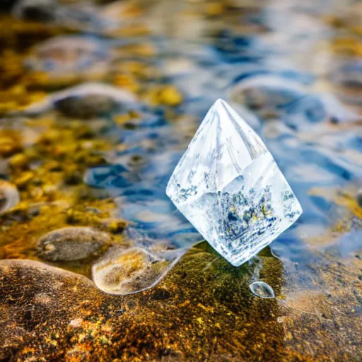 Prompt: Close shot of an otherworldly crystal lying in water from a river