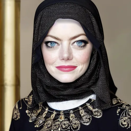 Prompt: A portrait of Emma Stone wearing Black Arabian Abaya, high quality, fully detailed, 4k
