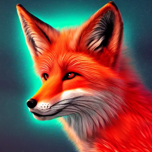 Prompt: digital deep red coloured fox, retrowave palette, digital world, highly detailed, electric breeze, anatomically correct vulpine, synth feel, fluffy face, ear floof, flowing fur, super realism, accurate animal imagery, 4 k digital art