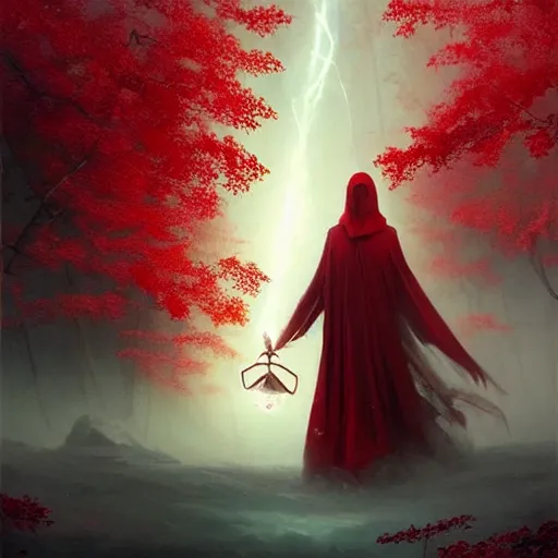 Image similar to ''cinematic shot'' red hooded mage ( spectre ) with leaves falling simetrical 8 k atmosferic realistic, holding a bell, made by ivan aivazovsky, peter mohrbacher, greg rutkowski volumetric light effect broad light oil painting painting fantasy art style sci - fi art style realism premium prints available artwork unreal engine