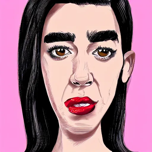 Image similar to caricature of dua lipa, professional, digital art, silly, straight hair