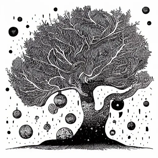 Image similar to black and white ink doodle illustration of an ancient tree floating in outer space, overgrown with funghi, style by peter deligdisch, peterdraws