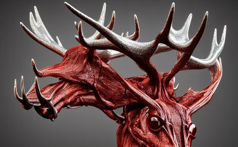 Prompt: stylized shiny polished silver statue bizarre cosmic horror quadruped animal moose deer skull four legs made of slug creature tendrils, perfect symmetrical body, perfect symmetrical face, hyper realistic, hyper detailed, by johannen voss, by michelangelo, octane render, blender, 8 k, displayed in pure white studio room anatomical deep red arteries veins spaghetti flesh