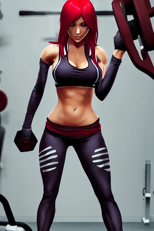 Image similar to Katarina from League of Legends at the gym, photorealistic full body, highly detailed