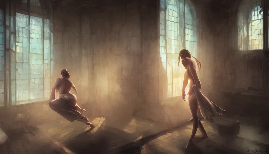 Prompt: bathhouse, women, light, shadows, reflections, epic composition, intricate, elegant, volumetric lighting, digital painting, highly detailed, artstation, sharp focus, illustration, concept art, wlop, artgerm, ruan jia, steve mccurry