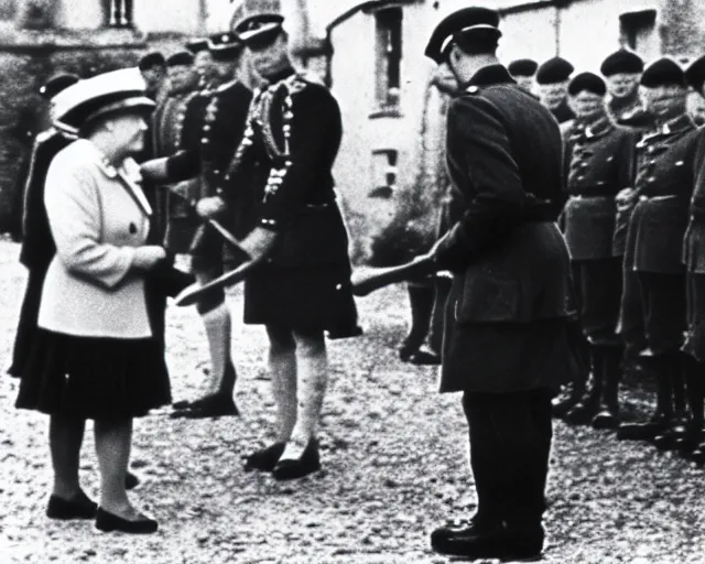 Image similar to ultra wide 1 9 4 6 blurry historical photo of a single german general bowing to a young queen elizabeth in a french village, her corgis are nearby highly detailed, sharp focus