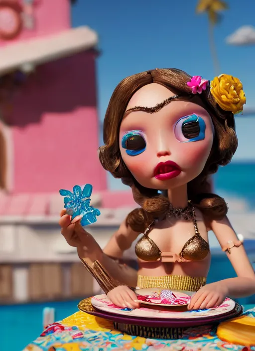 Image similar to closeup of a tin toy bikini girl eating cakes, depth of field, zeiss lens, detailed, symmetrical, centered, fashion photoshoot, by nicoletta ceccoli, mark ryden, lostfish, earl nore, hyung tae, frank frazetta, breathtaking, 8 k resolution, extremely detailed, beautiful, establishing shot, artistic, hyperrealistic, octane render