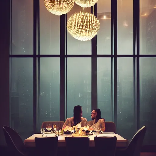 Prompt: couple dining modern high end designer restaurant at night in the foggy rain, symmetrical art deco office building with organic lighting, moody, epic composition, professional photograph, highly detailed, warm lighting interior, large windows, dramatic lighting