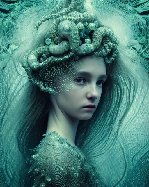 Prompt: surreal mythical dreamy underwater artistic bw photo of a beautiful young female angelic - medusa - cyborg covered with fish scales and algae, highly detailed, intricate crystal ivy jelly fish scales ornate, poetic, octane render, 8 k, photo - realistic, in the style of gustave dore and preraphaelites