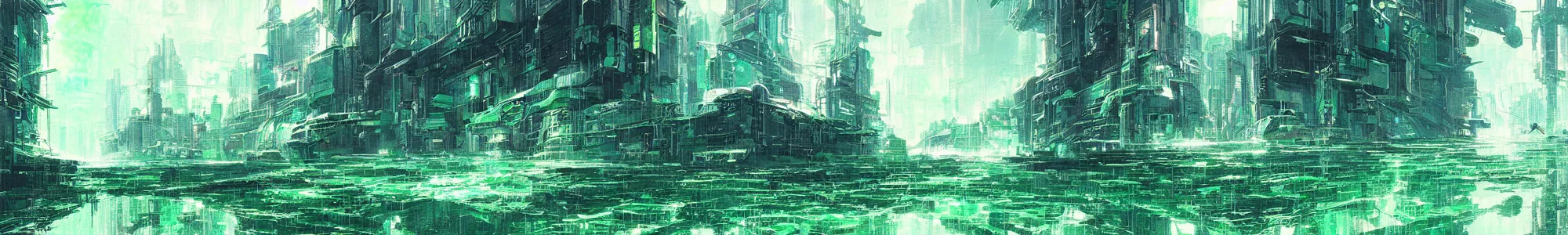 Image similar to reflective waves, cyberpunk texture, green coloring, by studio ghibli and greg rutkowski