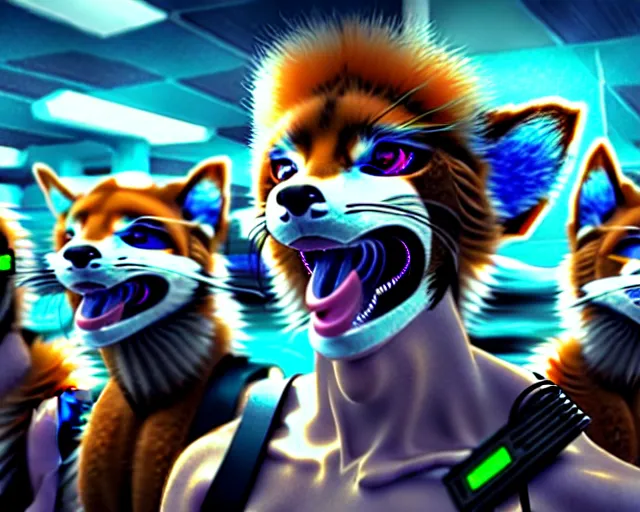 Image similar to high - resolution photograph from a nanopunk era furry fandom convention ( midwest furfest 2 0 4 7 ), taking place after the genetic revolution and singularity. photorealistic.