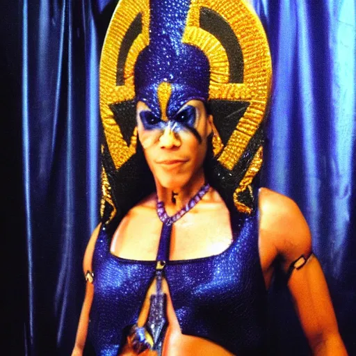 Image similar to Apophis from Stargate SG1, posing at a drag show