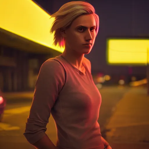 Image similar to Annie Leonhart in a neon city, octane render 8k, atmospheric render