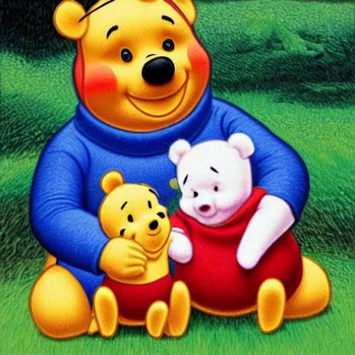 Image similar to Xi Jinping as Winnie the Pooh, artwork by Rafal Olbinski + E. H. Shepard
