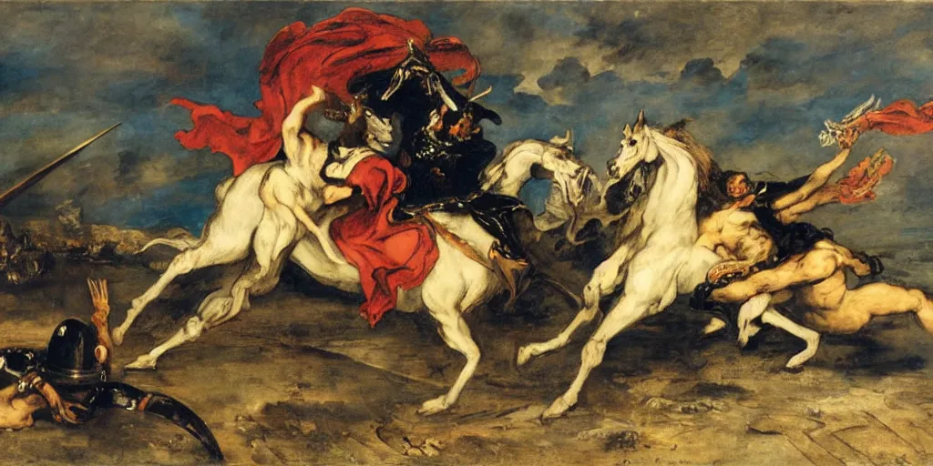 Prompt: knight fighting dragon, art by eugene delacroix