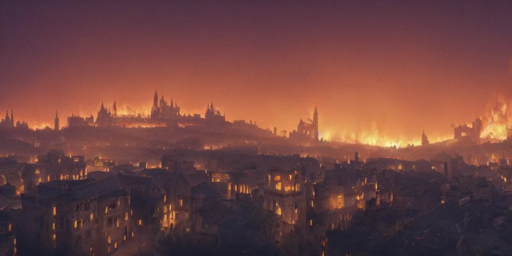 Image similar to a grand medieval city on fire at night, densely packed city, intense lighting, from a distance, castle in the distance on top of a hill, intense smoke, burning down, intense flames, lots of embers, center focus, landscape by simon stalenhag, rendered by beeple, by makoto shinkai, digital art