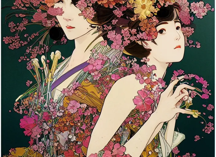 Image similar to oil painting, long shot, beautiful floralpunk japanese bio mechanical female illustration detailed patterns art of japan traditional dress, flower pop art, floral splash painting, art by ashley wood, alphonse mucha, makoto shinkai, geof darrow, dark shadow