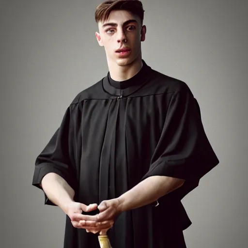 Prompt: attractive kai havertz wearing priest outfit holding intricate ivory candlestick. natural lighting by ruan jia, portrait. 8 k high definition