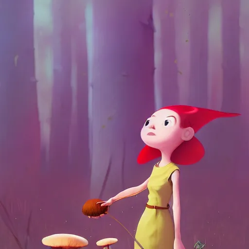 Prompt: goro fujita ilustration a cheerful girl collecting mushrooms in the forest, characterized by masamune shirow and bagshaw tom, character art, sharp focus, highly detailed, artstation