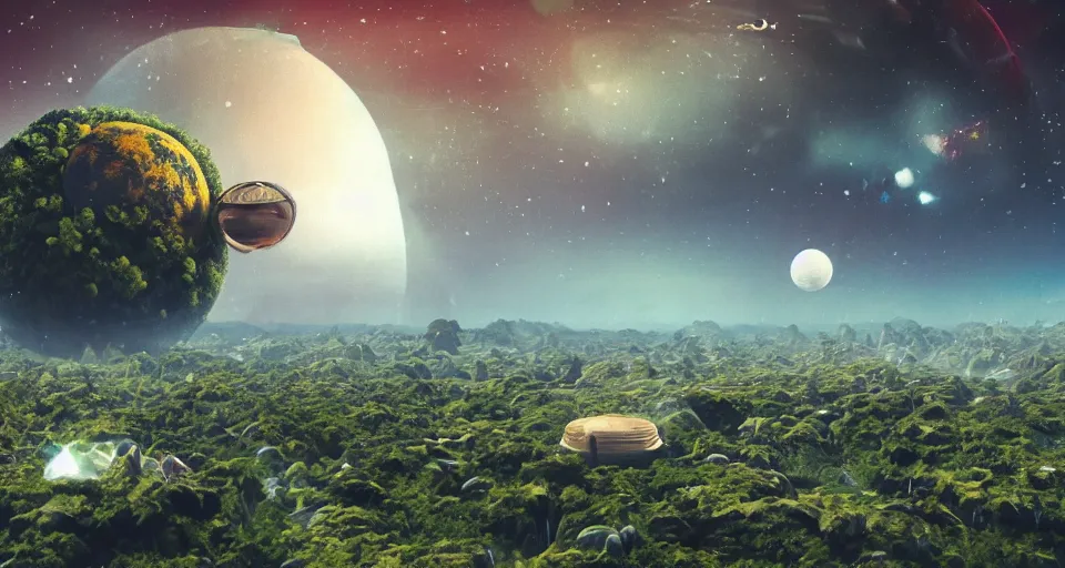 Image similar to planet overgrown with wax moon and visible cheese planets in the sky, waterfalls, hanging houses and floating mountains, rectilinear, barometric projection, dutch angle from space view, concept art, high detail, intimidating, deep rich colors, iridescent radiance, epic scale ultrawide angle, stunning, epic, cinematic, Artstation trending, octane render, hyperrealistic, Cryengine 8k UHD