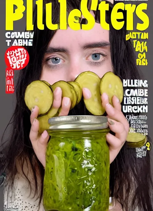 Prompt: Photo of Billie Eilish eating pickles from a jar, cover of a tabloid magazine