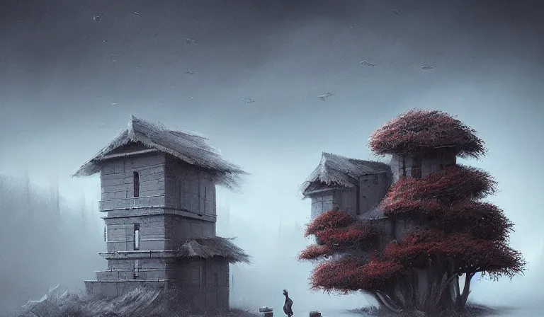 Prompt: A serene landscape with a singular building in the style of Alexey Egorov.