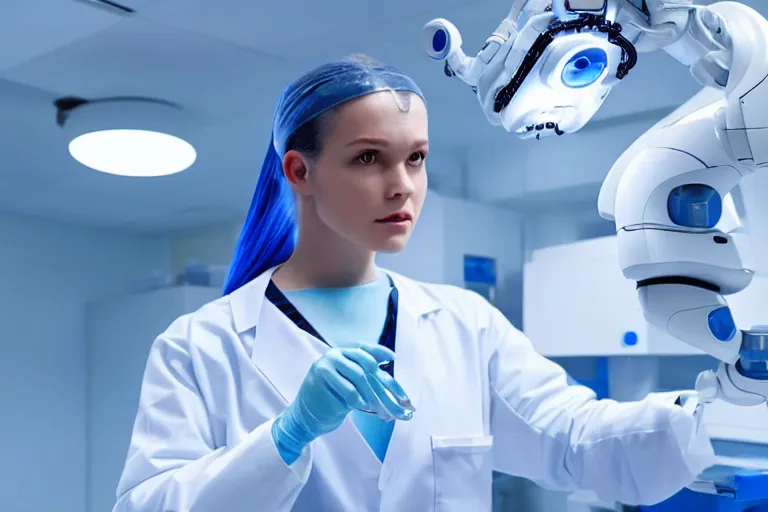 Prompt: promotional image from a sci - fi movie, a cyborg girl dressed in white on an operation table in a lab, soft blue light, robot surgeon, medical equipment, 8 k, very detailed face, movie still frame, promotional image, imax 7 0 mm footage