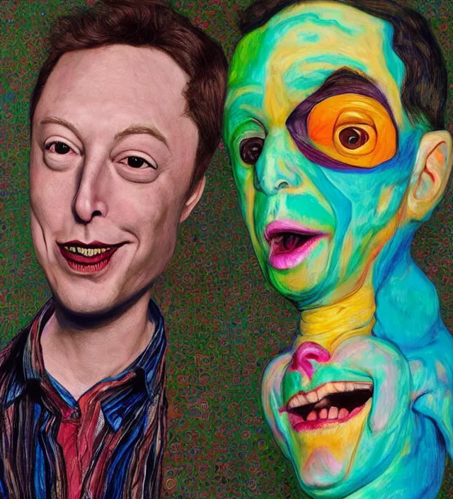 Prompt: the world's richest man is a ventriloquist dummy from south africa, psychedelic, elon musk! as the puppet master, patterned skin, trending on artstation, photorealism, vibrant colors, digital art, in the style of harumi hironaka, gustav klimt, egon schiele, copy whitmore, david bates, monet, octane render.