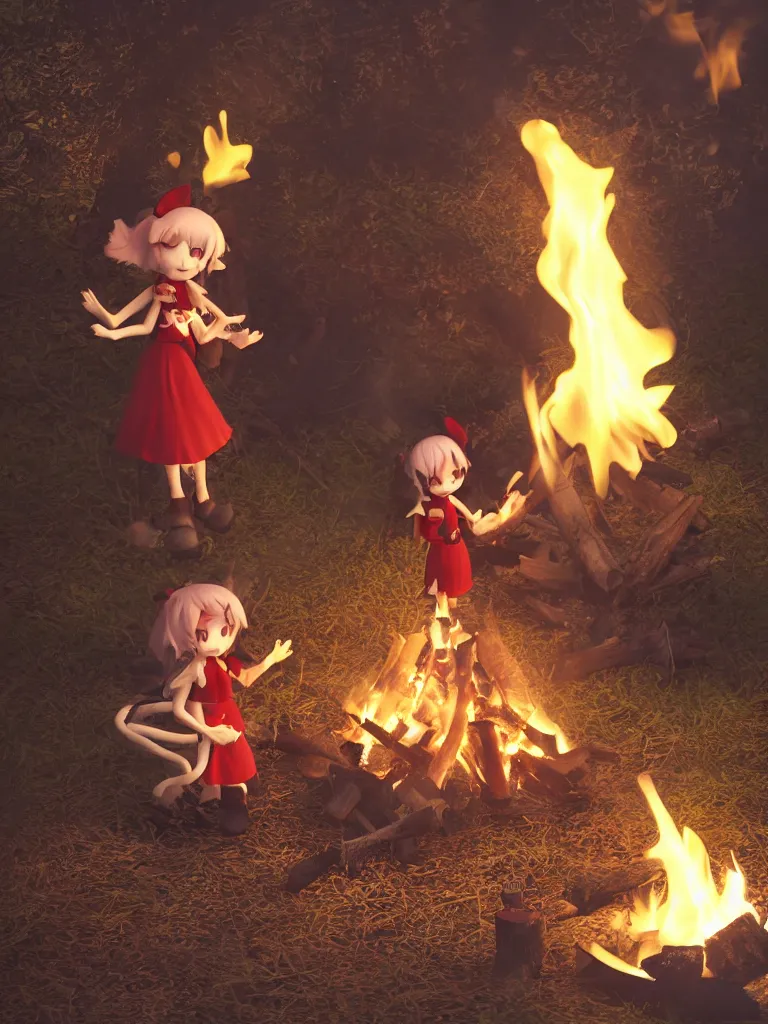 Image similar to cute fumo plush manic happy pyromaniac girl giddily starting a fire in the forest, campfire flames burning, warm glow and volumetric smoke vortices, rule of thirds composition, vignette, vray