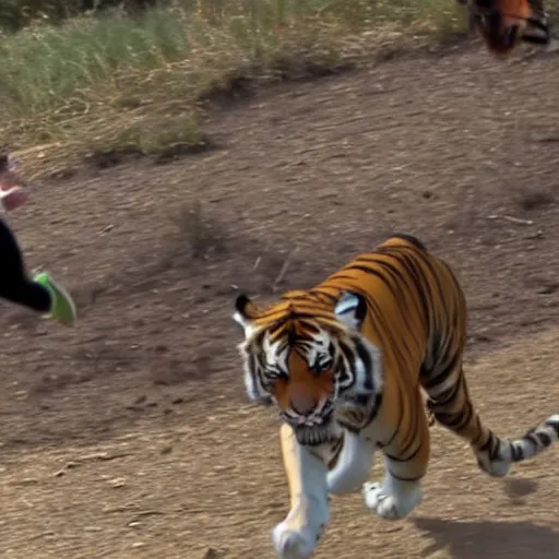 Image similar to screenshot of go pro footage emma watson running in front of tiger