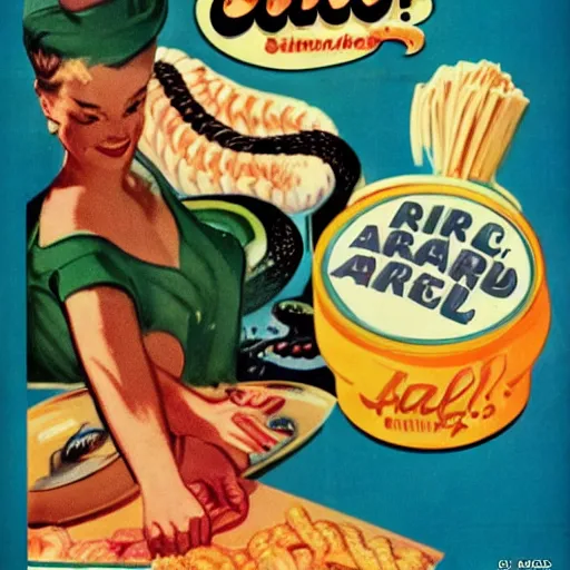 Image similar to a 1 9 5 0 s stylized advertisement for a snake themed cereal product, art, circa 1 9 5 0 s