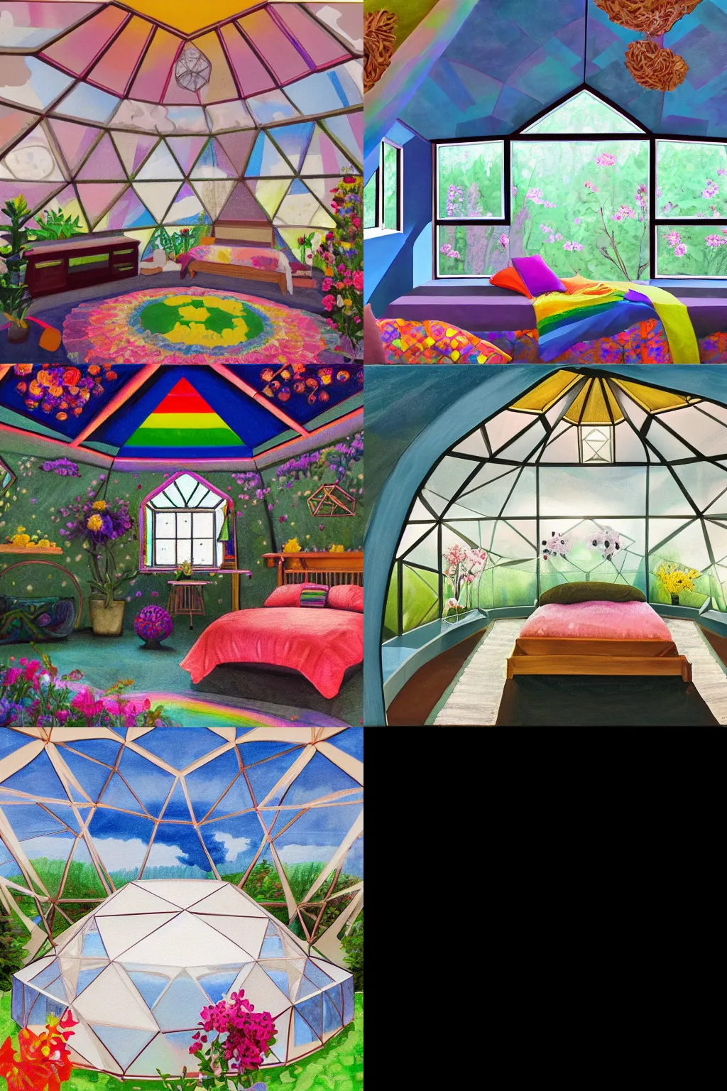Prompt: interior of cozy queer geodesic dome bedroom with flowers, iridescent windows, hyperrealistic fine art gouache painting